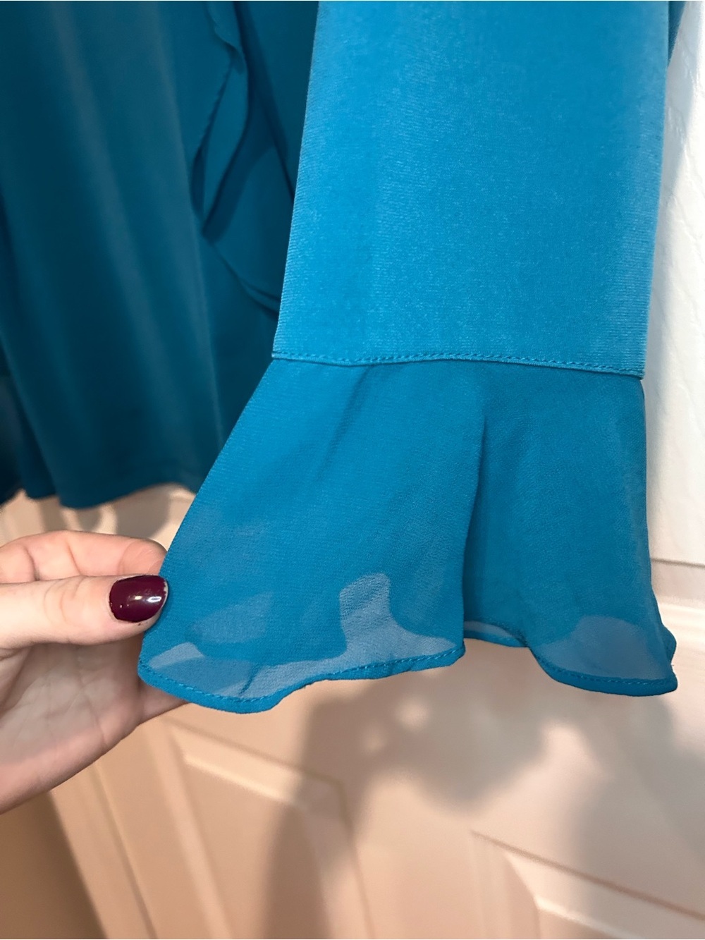 Susan Graver Teal V-Neck Ruffle Front Long Sleeve Blouse - Picture 5 of 7